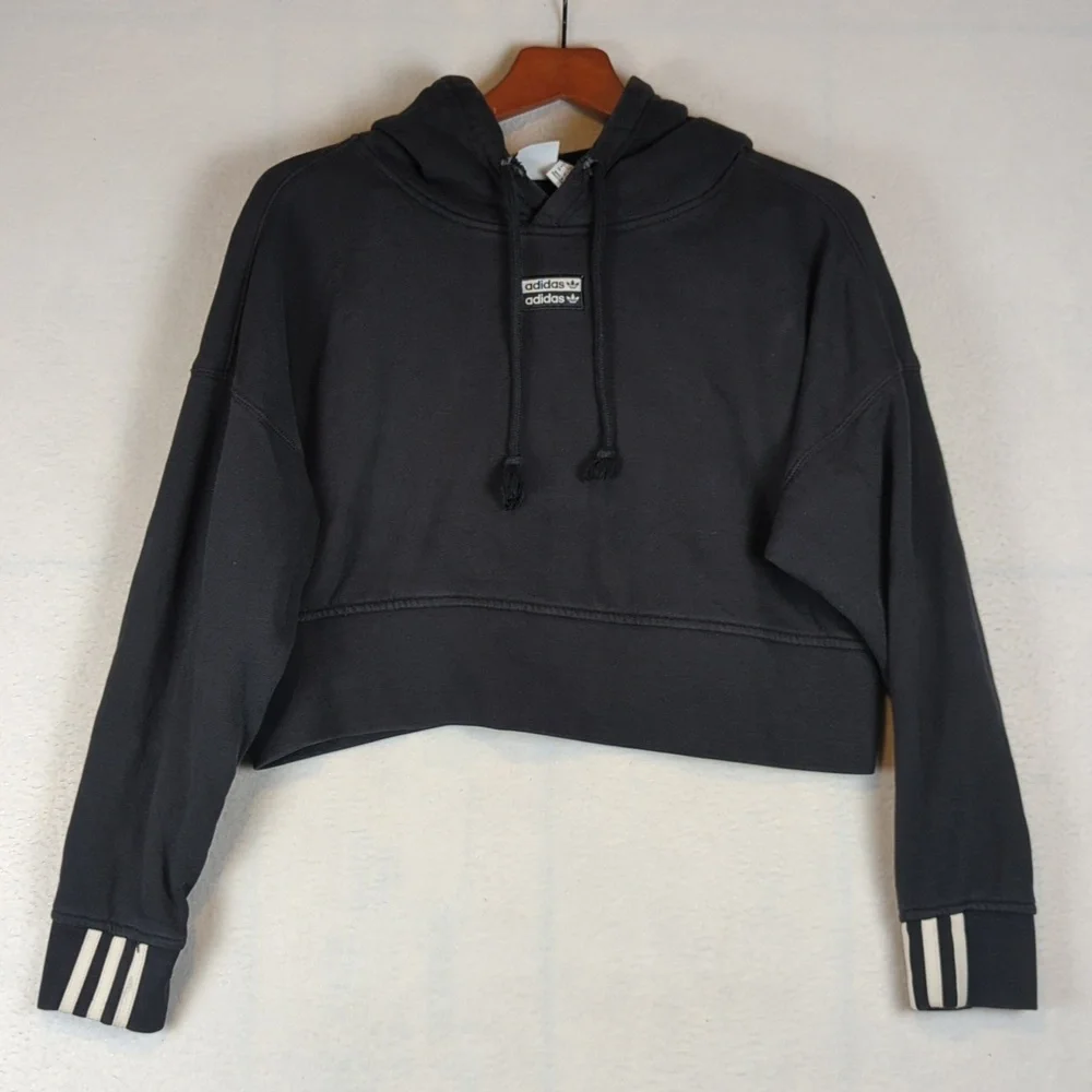 Adidas Black & White Stripes Cropped Fit Hooded Sweatshirt S - Picture 2 of 9
